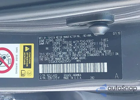 2010 Toyota Highlander Se V6 z USA, uszkodzony, nr VIN 5TDJK3EH2AS035457